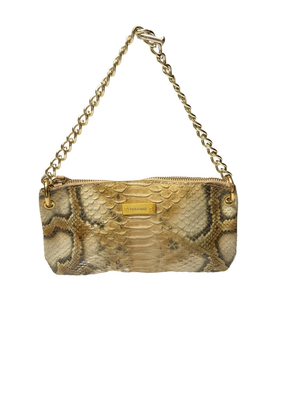 Paolo Masi Gold & Tan Python-Effect Chain Handle Wristlet